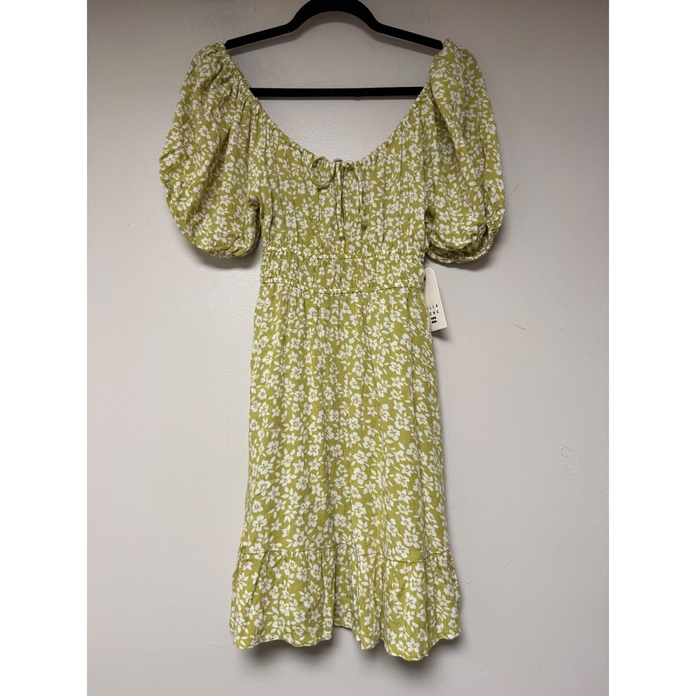 Billabong Womens Floral Smocked Puff‎ Sleeve Mini Dress Lime Green White XS NEW